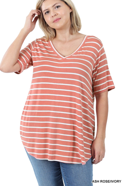 SI-22149 Plus Size Stripe V-Neck Short Sleeve Top