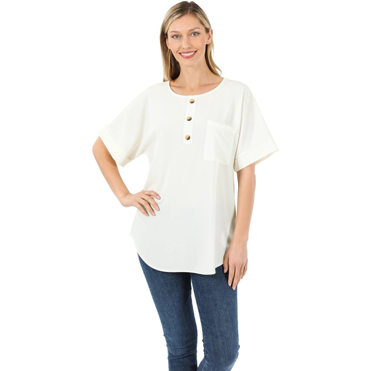 SI-19092 Woven Heavy Dobby Button Front Pocket Top