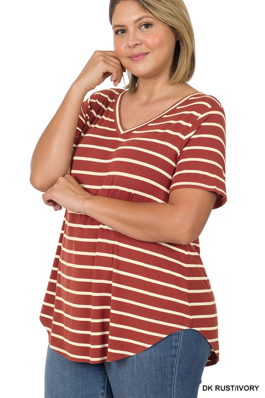 SI-22149 Plus Size Stripe V-Neck Short Sleeve Top