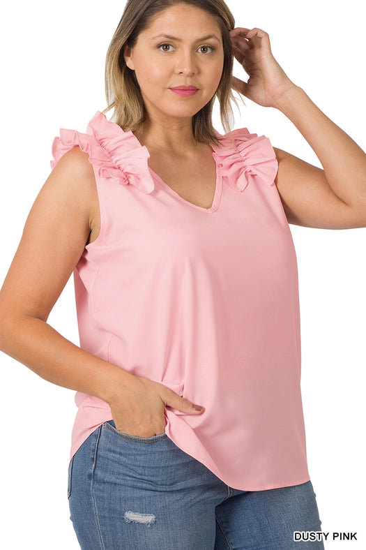 SI-22642 Plus Size Woven Wool Dobby Ruffle Trim Sleeveless Top