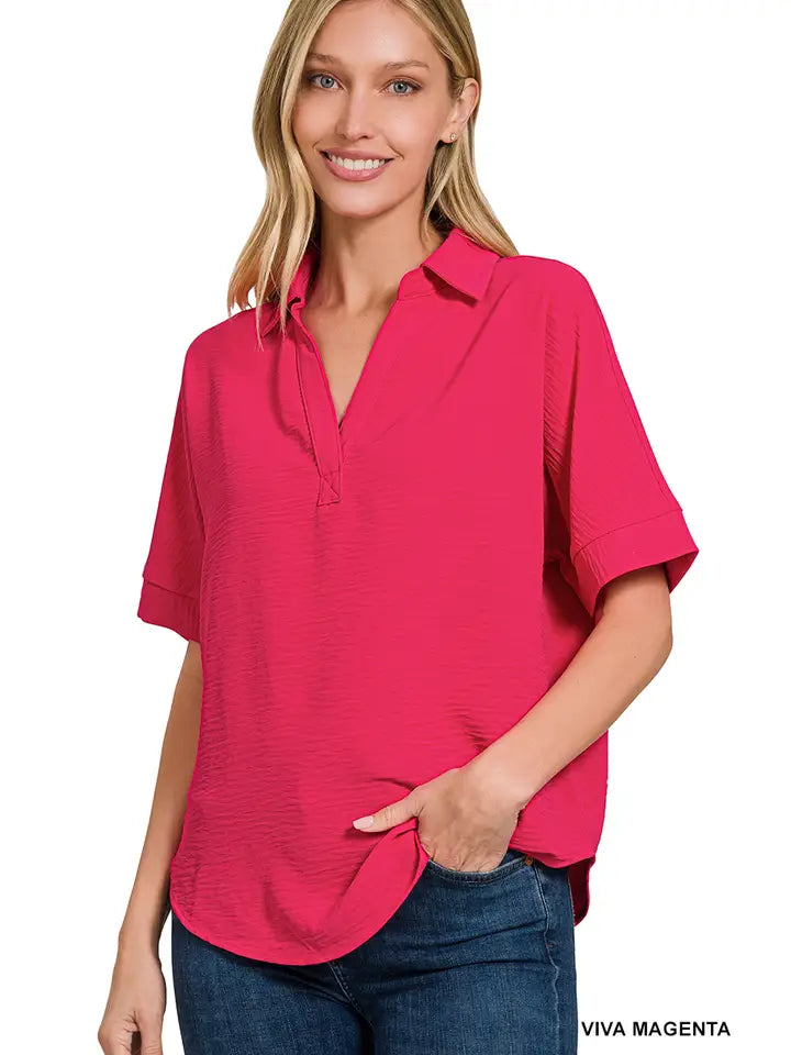 SI-25661 Woven Airflow Collared V-Neck Short Sleeve Top