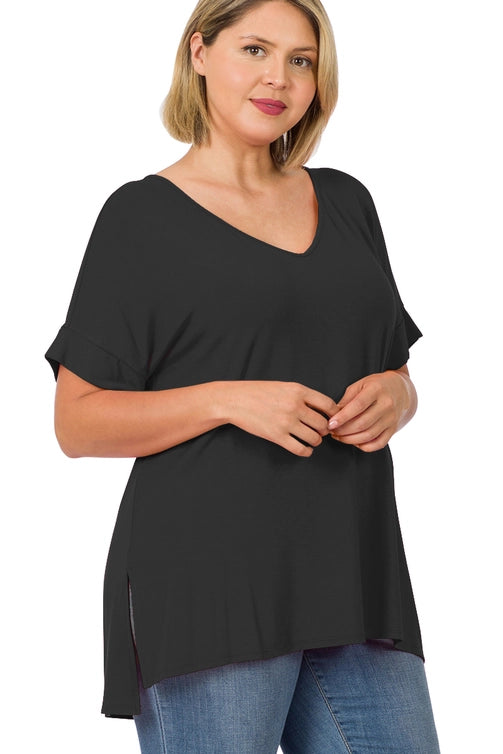 SI-21983 Plus Size Real Modal Short Sleeve V-Neck Top