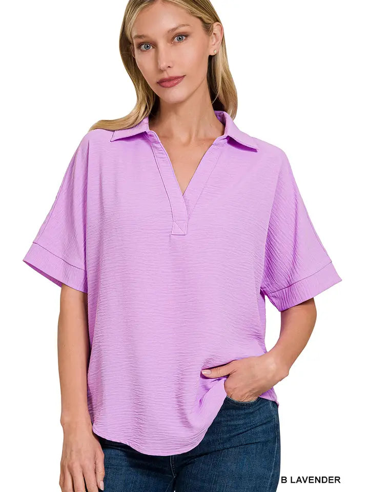 SI-25661 Woven Airflow Collared V-Neck Short Sleeve Top