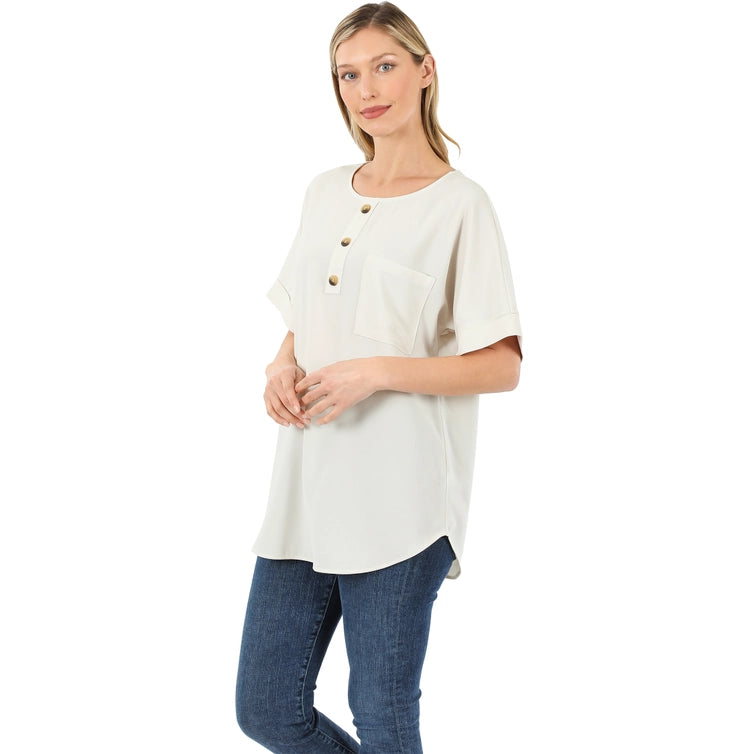 SI-19092 Woven Heavy Dobby Button Front Pocket Top