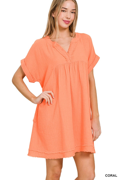 SI-23937 Rolled Short Sleeve Raw Edge V Neck Dress