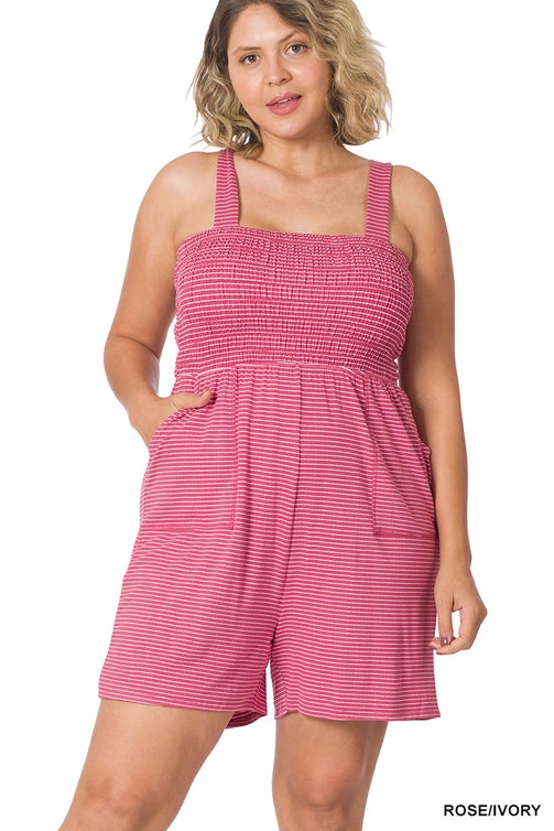 SI-22645 Plus Smocked Top Striped Romper with Pockets