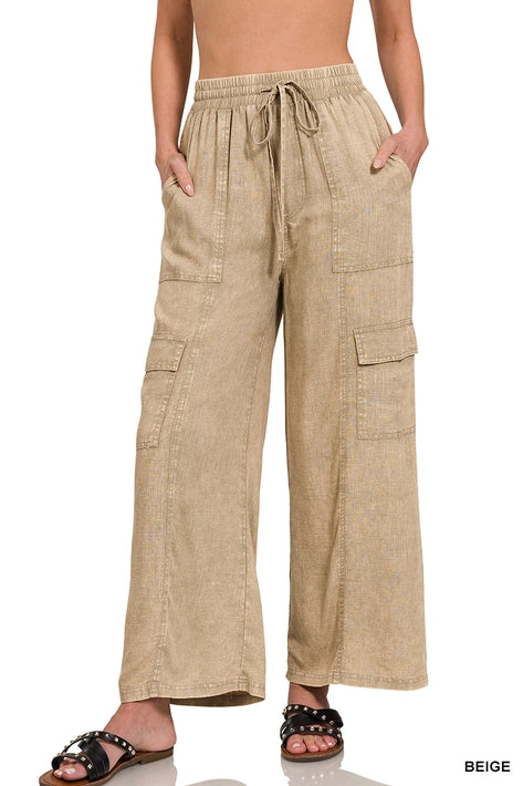 SI-25974 Washed Linen Elastic Band Waist Cargo Pants