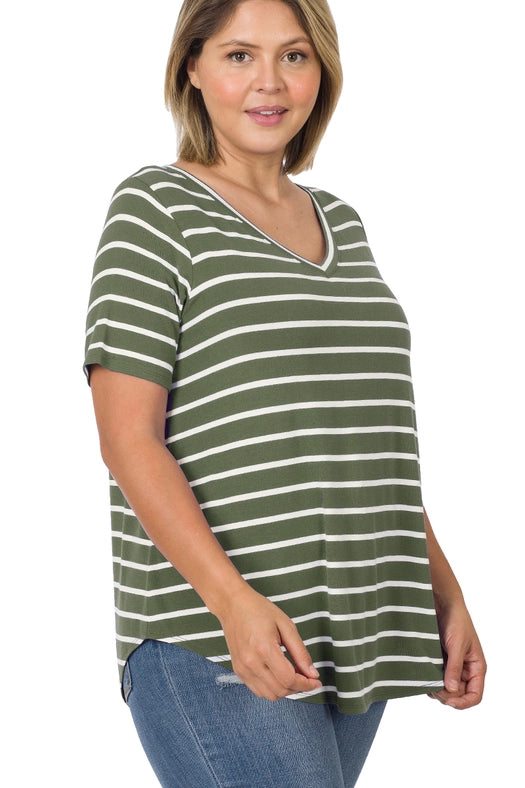 SI-22149 Plus Size Stripe V-Neck Short Sleeve Top