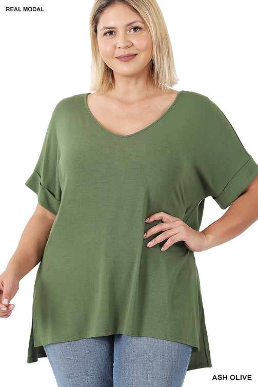 SI-21983 Plus Size Real Modal Short Sleeve V-Neck Top