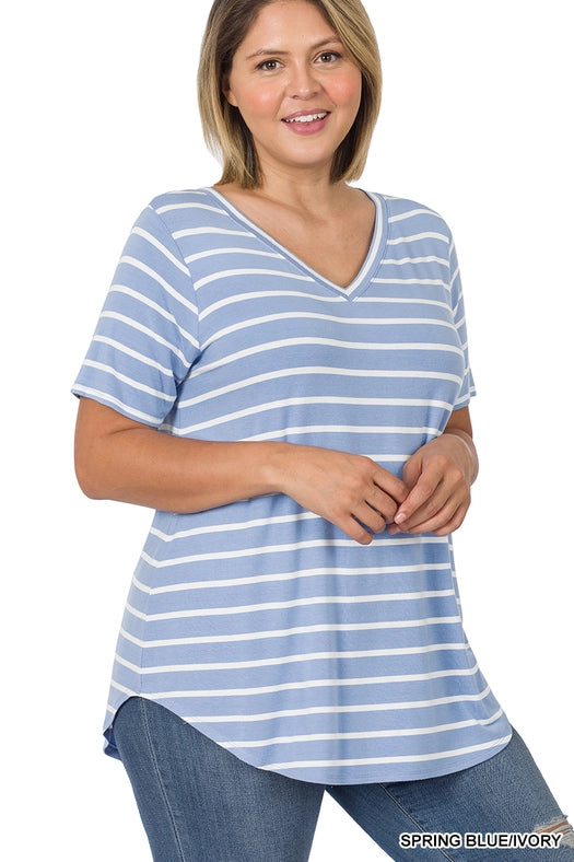 SI-22149 Plus Size Stripe V-Neck Short Sleeve Top