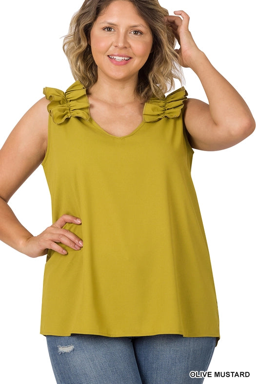 SI-22642 Plus Size Woven Wool Dobby Ruffle Trim Sleeveless Top