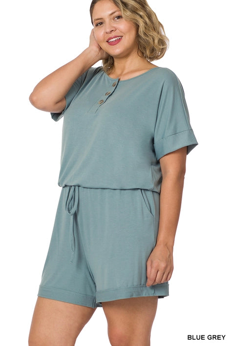 SI-22911 Plus Short Sleeve Romper with Pockets