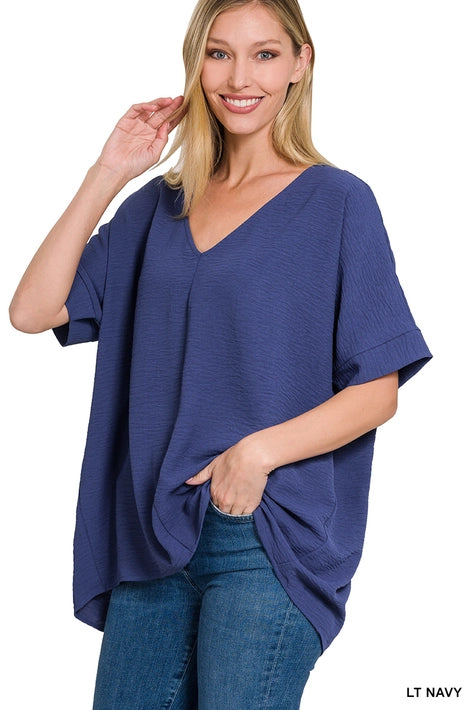 SI-24277 Woven Airflow V-Neck Dolman Short Sleeve Top